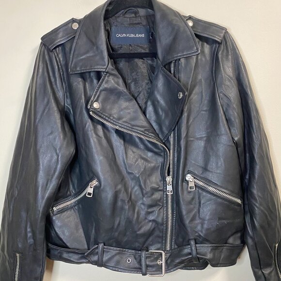 Calvin Klein Jeans Women's Black Faux Leather Jacket Large Moto Style Zip Pocket - Picture 4 of 14